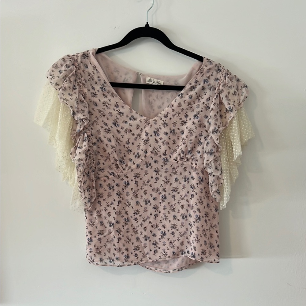 LoveShackFancy Pink and Cream Blouse with Elegant Ruffles